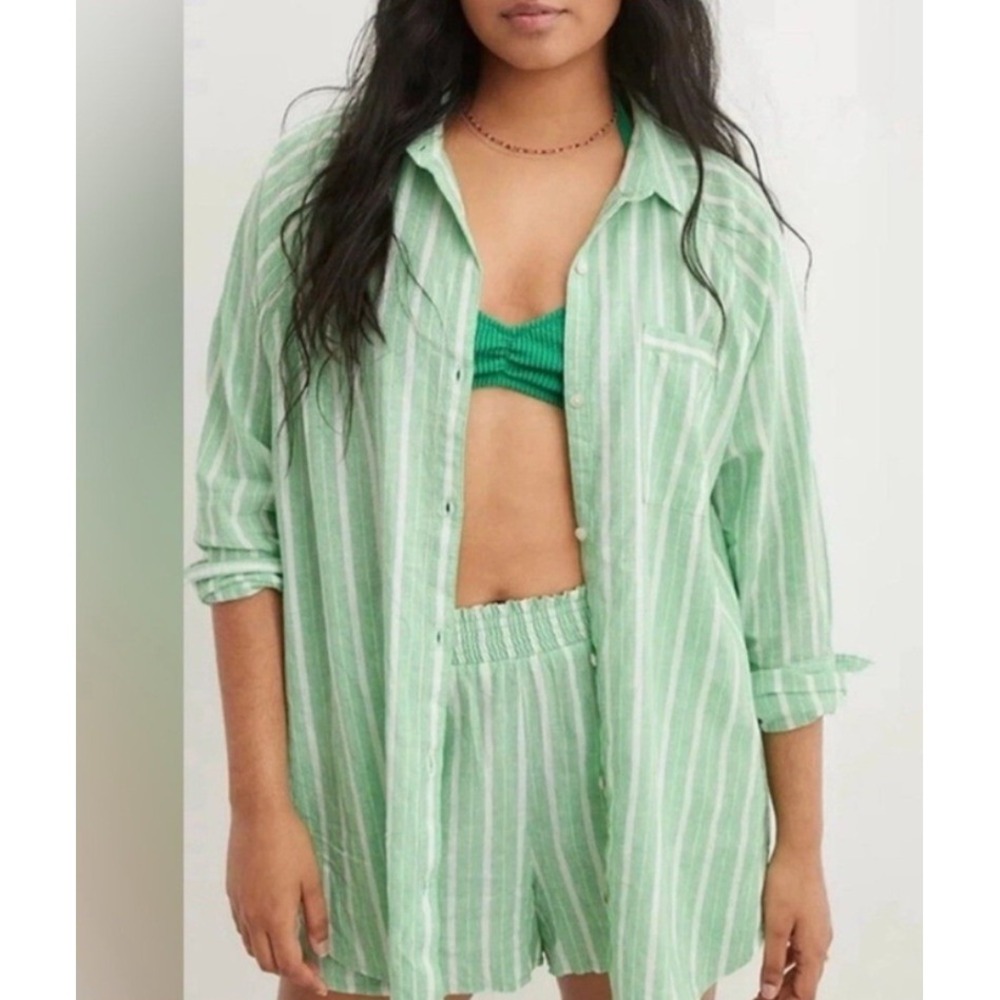 Aerie Striped Button Down Shirt Medium Green White‎